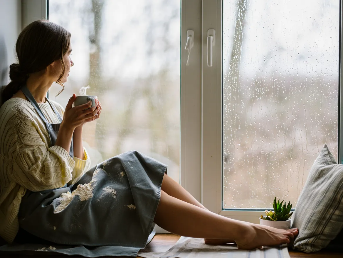 A person enjoying a calm moment by a sunlit window with a warm drink