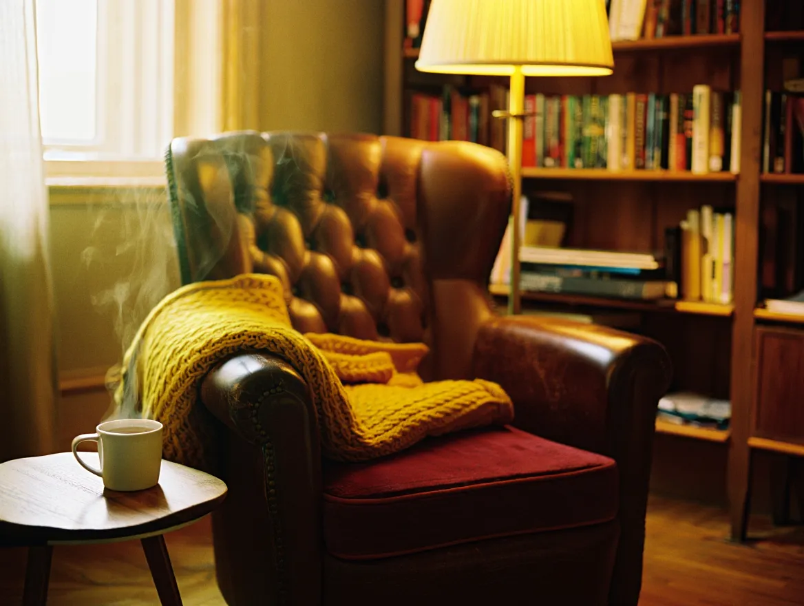 A cozy reading corner with soft blanket and warm lighting creating a peaceful atmosphere