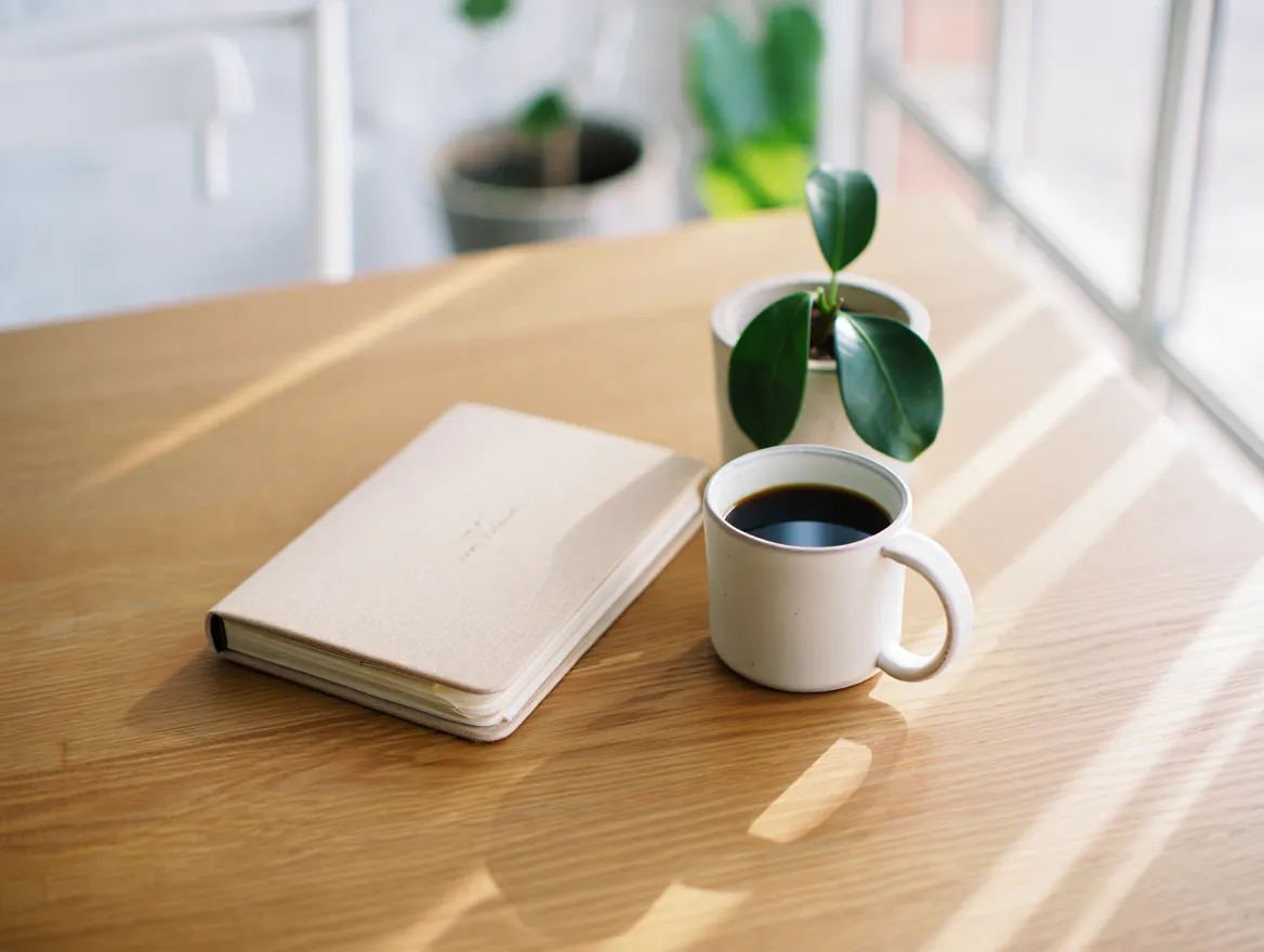 A tranquil desk arrangement with a notebook, plant, and soft natural light